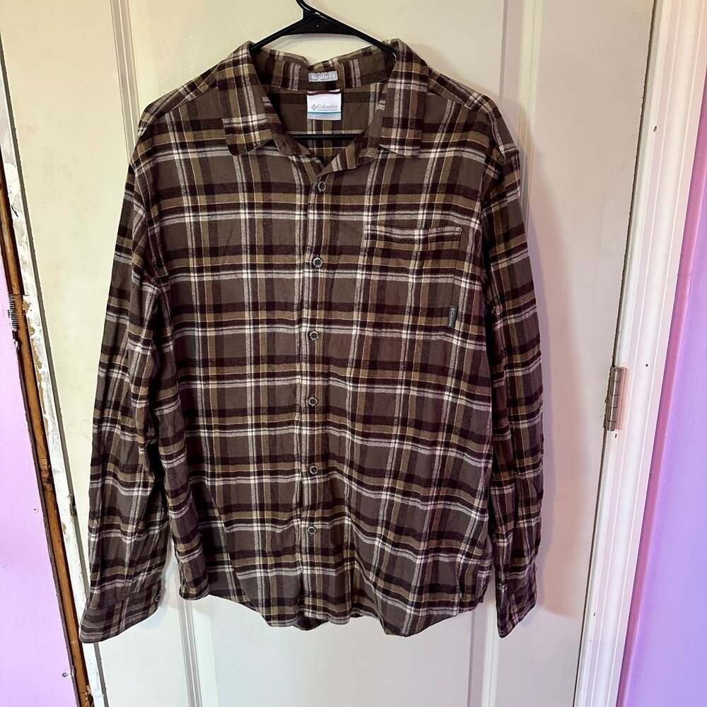 Columbia Men's Long Sleeve Button Plaid Grandpa Shirt Sz L Brown Tan 100% Cotton